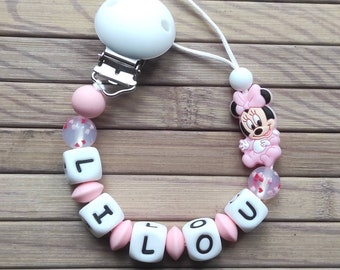 Personalized girl pacifier clip Minnie style pink first name pacifier