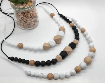 Collier d'allaitement et de portage biberonnage silicone bois naturel simple noir blanc marbre perles rondes et hexagonales