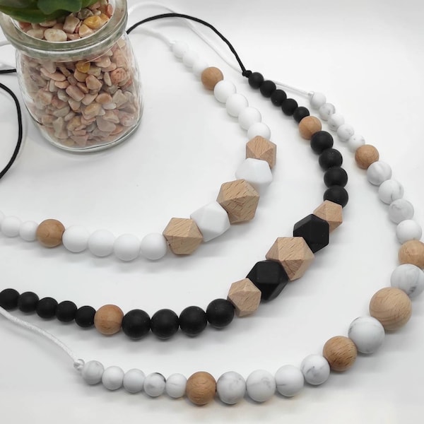 Collier d'allaitement et de portage biberonnage silicone bois naturel simple noir blanc marbre perles rondes et hexagonales