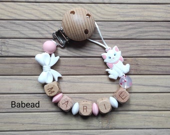 Personalized pacifier clip for girls, Marie Aristocats style pacifier, first name, pink and white