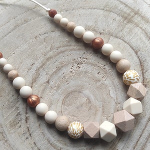 Collar de lactancia y biberón, madera, silicona, despertar, dorado, cobre y beige