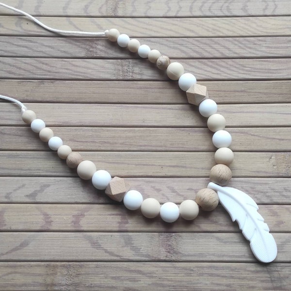 Collier d'allaitement et de portage biberonnage silicone bois beige blanc plume