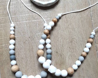 Nursing necklace wood and Silicone portage gray white marble gritty