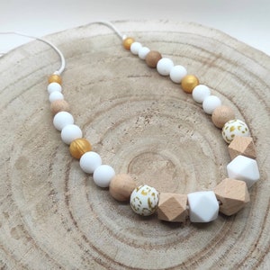 Breastfeeding and baby bottle carrying necklace, wooden silicone awakening, gold and white