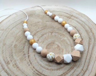 Breastfeeding and baby bottle carrying necklace, wooden silicone awakening, gold and white