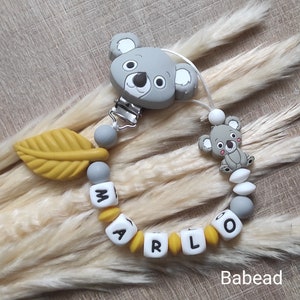 Personalized pacifier clip/first name/mustard yellow gray koala