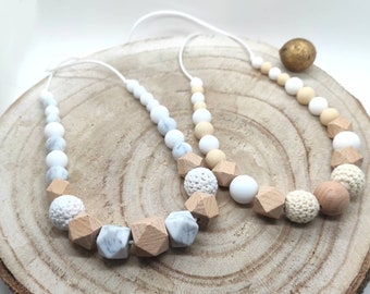 Collier d'allaitement  bois silicone crochet / beige blanc ou marbé blanc