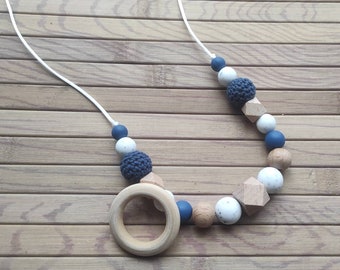 Breastfeeding necklace blue and white silicone with or without ring