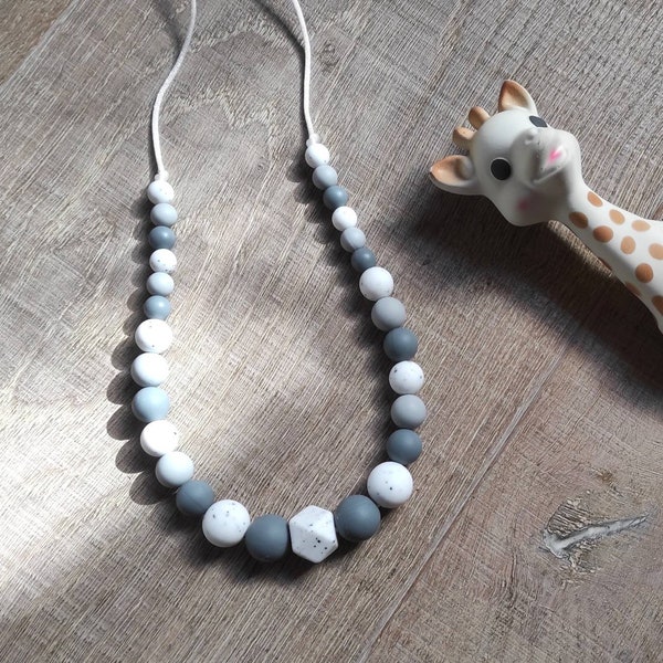 Collier d'allaitement et de portage biberonnage silicone blanc gritty et gris