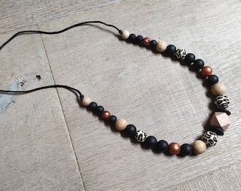 Nursing and carrying necklace wood gray copper leopard black silicone awakening