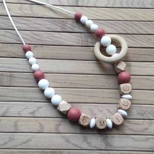 Nursing and baby bottle carrying necklace silicone wood crochet white and terracotta first name