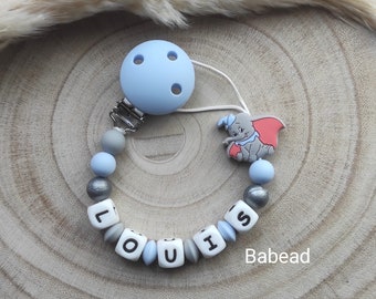 Dumbo style pacifier clip, gray blue, personalized first name