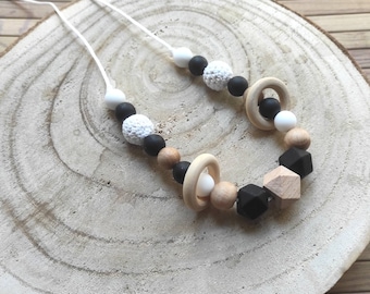 Breastfeeding necklace black and white wooden silicone with ring