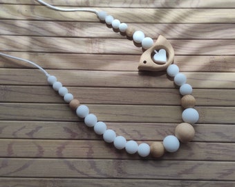 White bird wood silicone breastfeeding and bottle carrying necklace