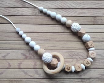 Prénom Collier d'allaitement et de portage biberonnage silicone bois crochet blanc et marbré