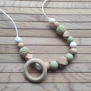 Khaki green and white silicone nursing necklace with or without ring