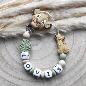 Simba lion king style pacifier clip / personalized first name / beige green khaki