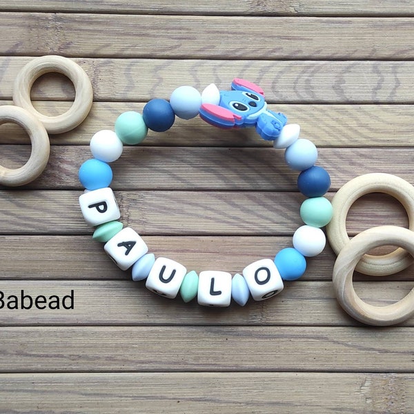 Personalized rattle ring first name Stitch style