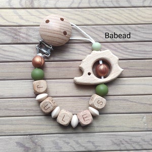 Personalized hedgehog pacifier pacifier clip with first name beige green copper wood