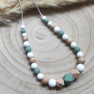 White sage green silicone wood breastfeeding and carrying necklace