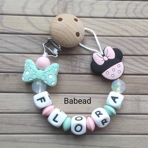 Personalized pacifier clip girl Minnie style pacifier first name pink mint green
