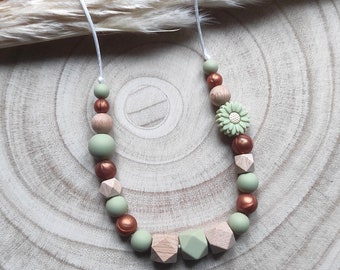 Silicone nursing necklace wood green khaki copper flower