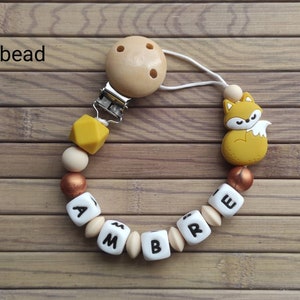 Mustard fox pacifier clip, copper, customizable with first name