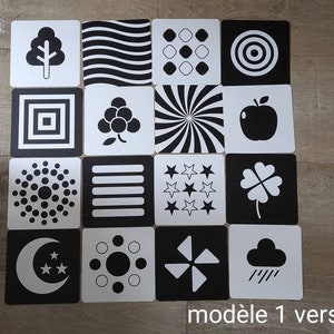 Cartes éveil sensoriel noires et blanches de type Montessori pour bébé flashcards