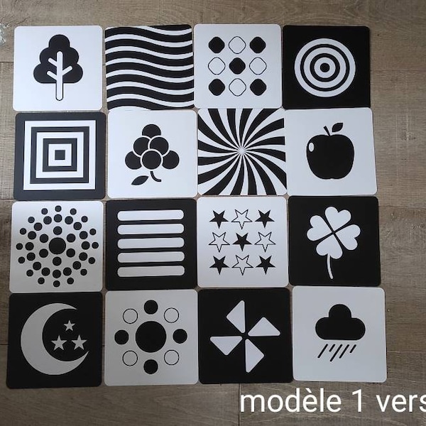 Cartes éveil sensoriel noires et blanches de type Montessori pour bébé flashcards