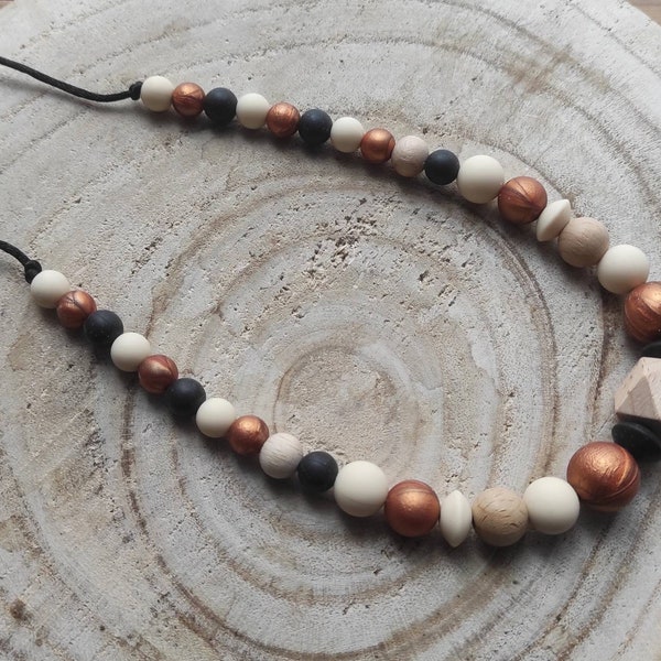 Nursing and baby bottle-feeding necklace, silicone, wood, awakening in beige, black and copper