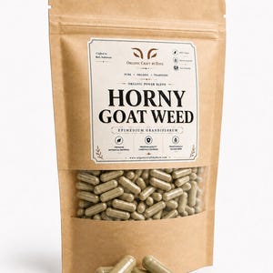 Könnte beinhalten: Ein brauner Standbodenbeutel aus Kraftpapier mit hellgrünen Kräuterkapseln. Das Etikett trägt den Text Organic Craft by Dave, Horny Goat Weed und Epimedium Grandiflorum. Mehrere Kapseln liegen verstreut vor dem Beutel.