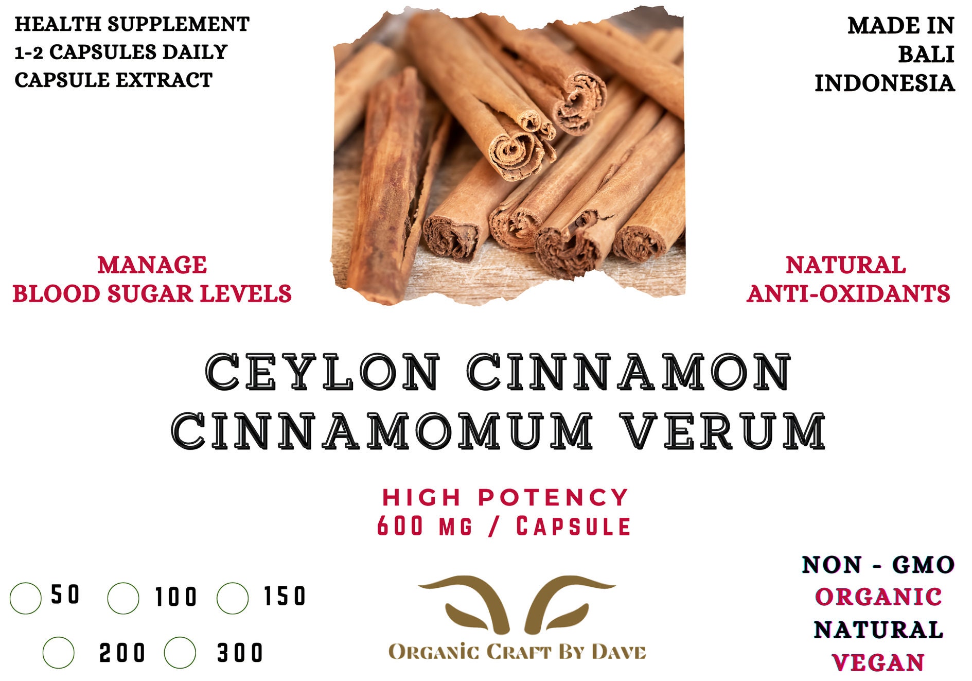 Ceylon Cinnamon Extract Capsules 600 Mg Vegetarian Cinnamomum Verum