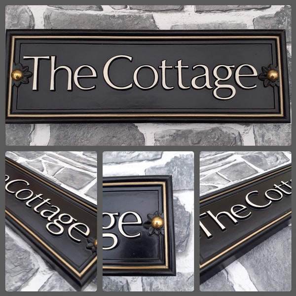 Rectangle solid cast resin house name/number sign with flourishes at each end Personalised, Handmade Hand Painted, various colours available