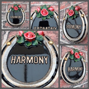 Horseshoe design with a sculpture of Roses. Bespoke, Unique Personalised Weather resistant, Handmade Hand Painted, Cast Resin Stable sign