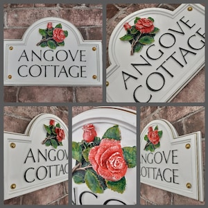 Traditional House Name Sign | Hand-painted Rose Sculpture | Solid Cast Resin | Personalised Handmade & Bespoke, various colour options