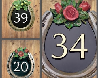 Horseshoe design with Roses or Oakleaves Bespoke, Unique Personalised Weather resistant, Handmade Hand Painted, Cast Resin House Number sign