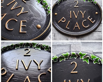 Personalised Oval woodgrain effect House Sign with  ivy edging , Solid Cast Resin, Bespoke Handmade & Hand painted
