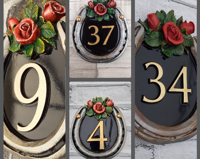 Horseshoe design with Roses , Bespoke, Unique Personalised Weather resistant, Handmade Hand Painted, Cast Resin House Number sign