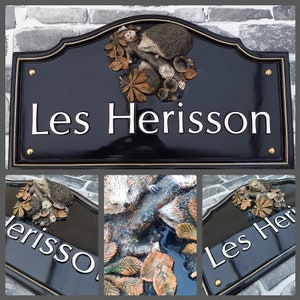 Personalised Traditional House Name Sign | With Hand-painted Hedgehog Sculpture | Cast Resin | Handmade & Bespoke, various colour options