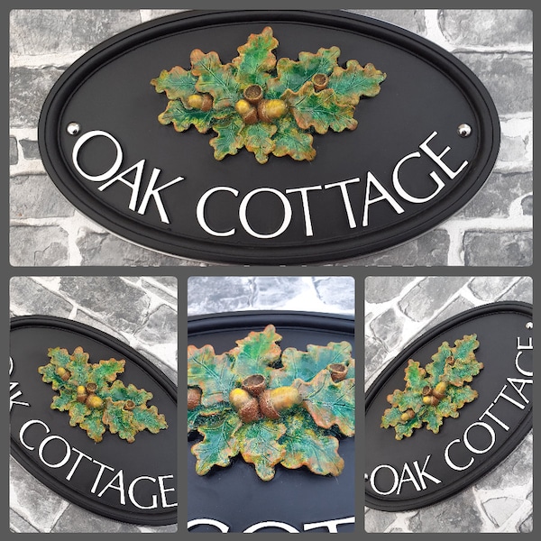 Hand Painted Personalised Oval Solid Cast Resin House Name Sign | Oakleaves Sculpture | Bespoke Unique & Handmade, various colour options