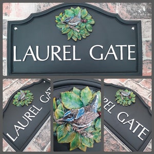Traditional House Name Moontop Sign | Hand-painted Wren Sculpture | Cast Resin | Personalised Handmade & Bespoke, various colour options