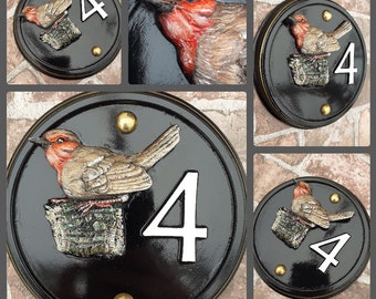 Traditional Personalised cast resin number house sign with a stunning little  robin Sculpture, Bespoke, Unique, Handmade & Hand Painted