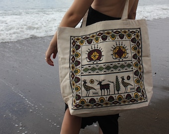 Handgemachte Blockprint Tragetasche | Handgemachte Schultertasche aus Leinen | Handgemachte Orientalische Tragetasche