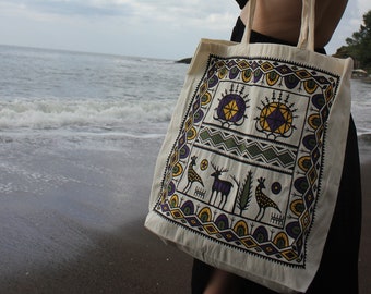 Handgemachte Blockprint Tragetasche | Handgemachte Schultertasche aus Leinen | Handgemachte Orientalische Tragetasche