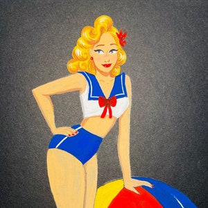 Dipinto originale a guazzo - Fancy Lady - Summer & Beach Ball