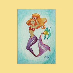 Art print Purple tail Mermaid & fish