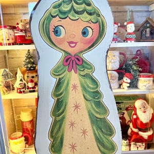 Vintage-Style  Christmas Girl Cutout Sign | Retro Holiday Decor | Whimsical Handpainted Christmas Decoration
