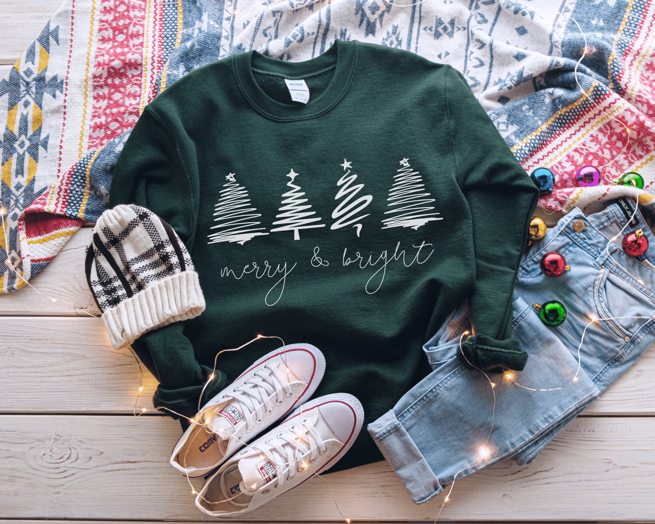 Merry & Bright Christmas Trees Sweatshirt, Christmas Sweatshirt, Holiday Sweater, Womens Holiday