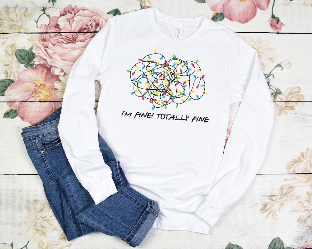 I Am Fine Totally Fine Friends Christmas Long Sleeve, Christmas Lights Tangled Long Sleeve Shirts, Christmas Long Sleeve Iconictees
