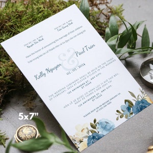 de Faire-part de mariage américano-vietnamien et carte RSVP | Entièrement personnalisable sur Canvas | Conception florale moderne bleue